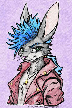 Blue mohawked bunnyguy in red leather jacket looking like a bunnypunx snack. Chester Hare by Tawny Bunn