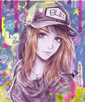 Mixed media self portrait, anime style. It's a beautiful mess. Tawny Bunn aka Bunny Reckless